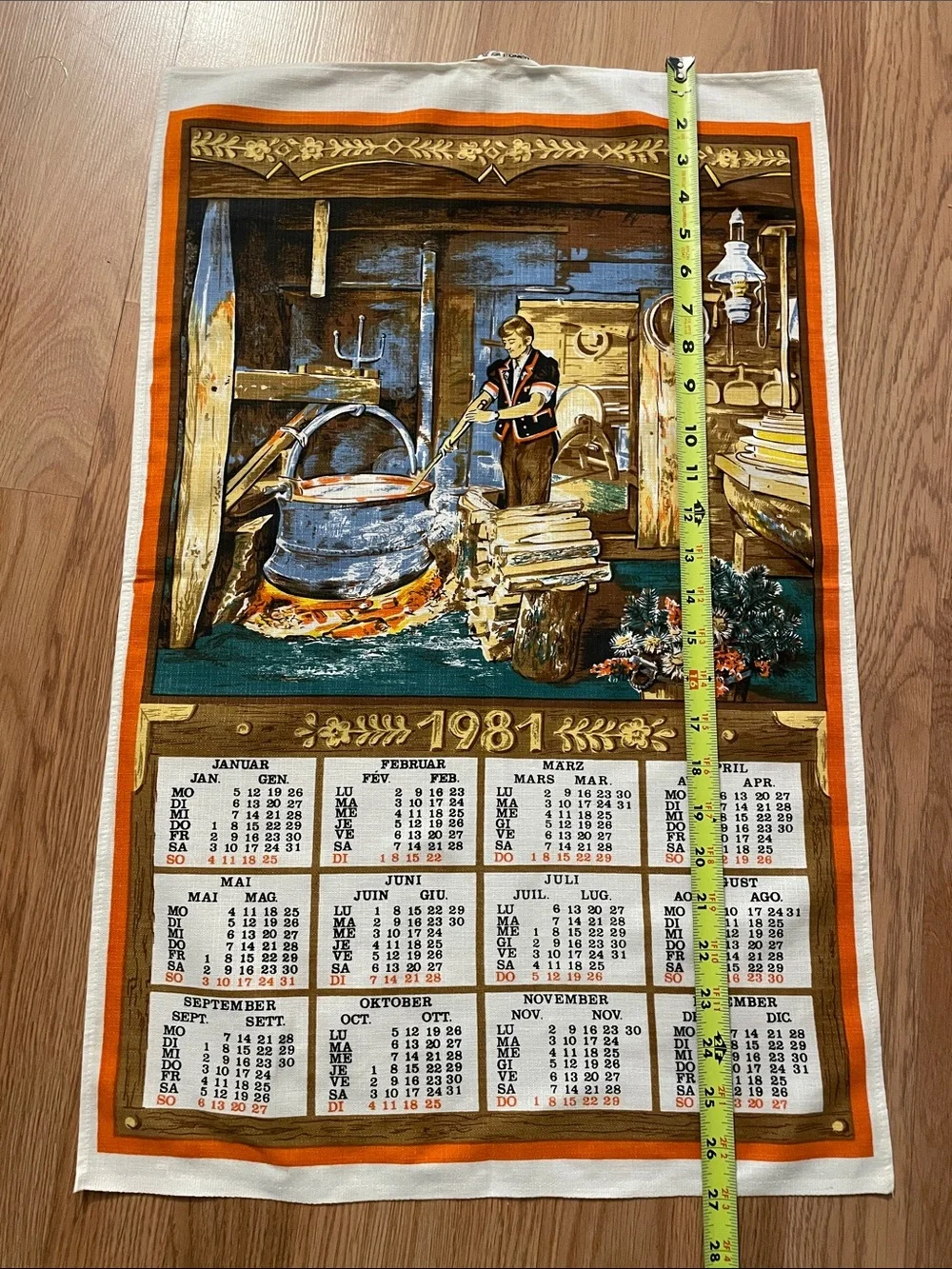 Set of 2 Vintage 1981 Calendar Tea Towels Cotton Viscose European Kitchen Towels